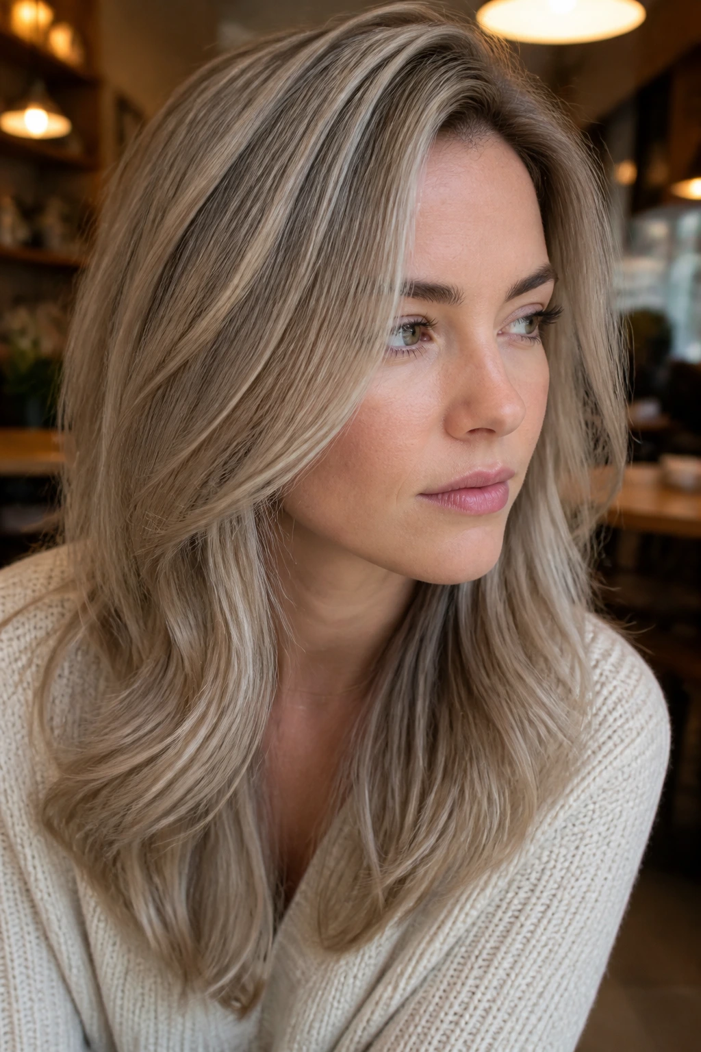 Close-up portrait of a real woman with smoky beige blonde hair in a warm cafe setting