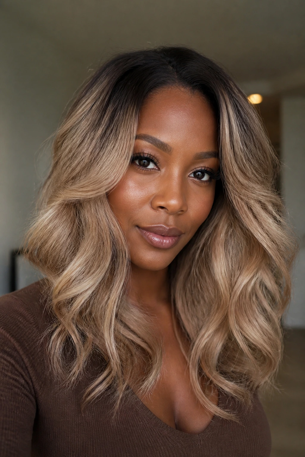 Close-up portrait of a person with smoky beige blonde waves.