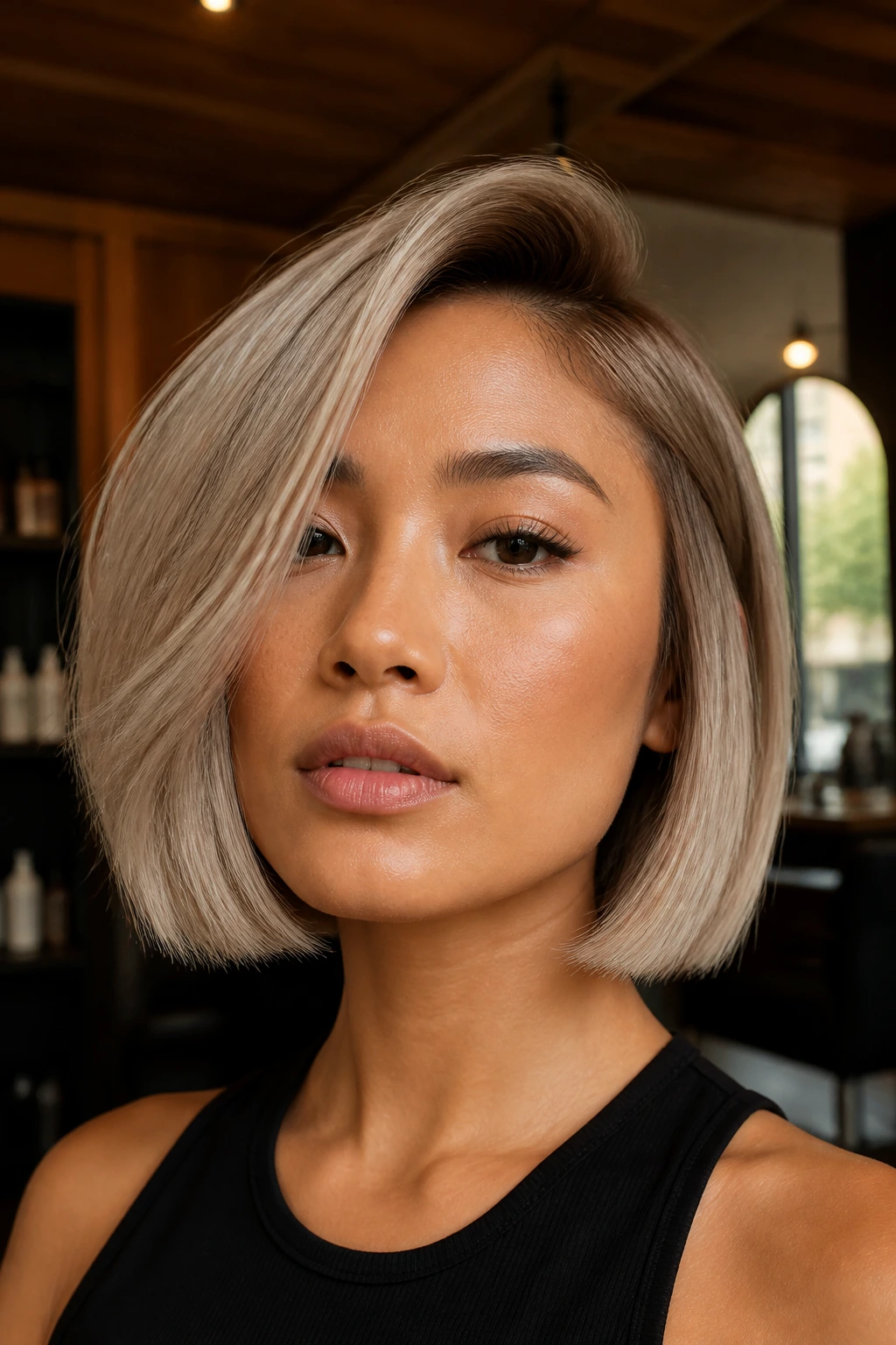 Portrait of a woman with smoky beige blunt bob in urban interior