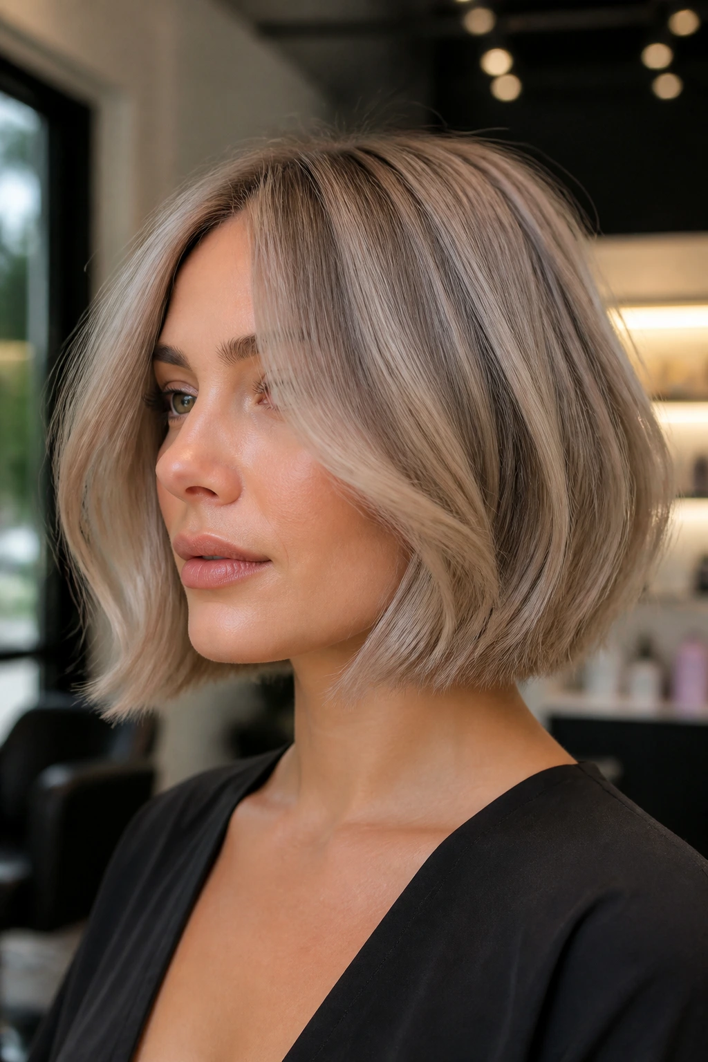 Close-up of a real person with a smoky beige ash blonde bob