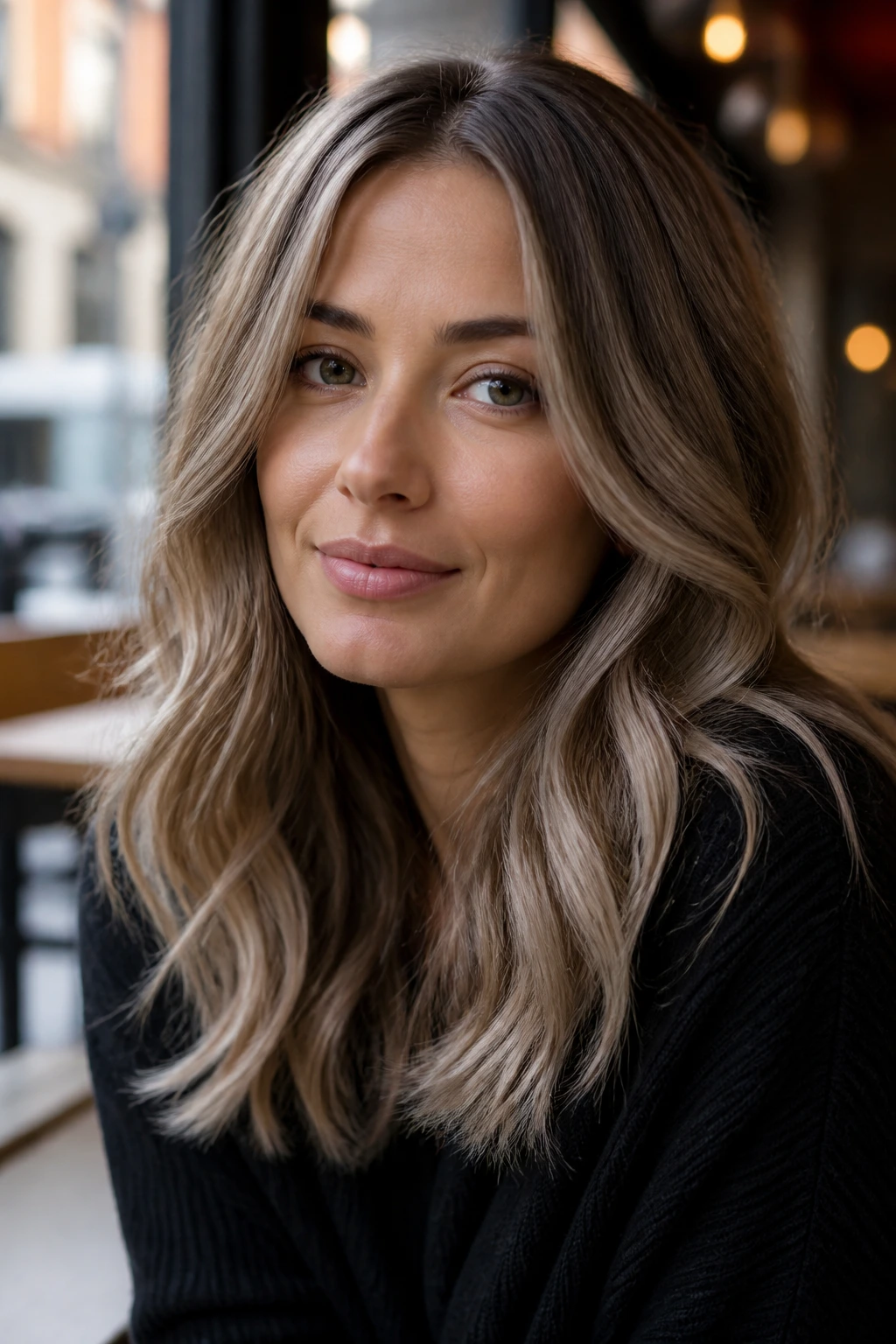 Portrait of a person with smoky beige bronde hair.
