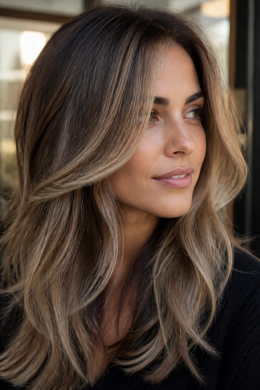 Close-up of real woman's hair in smoky beige bronde with airy layers framing the face