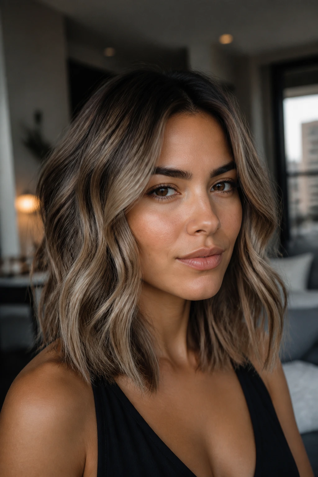 Portrait of a person with smoky beige bronde on beachy waves