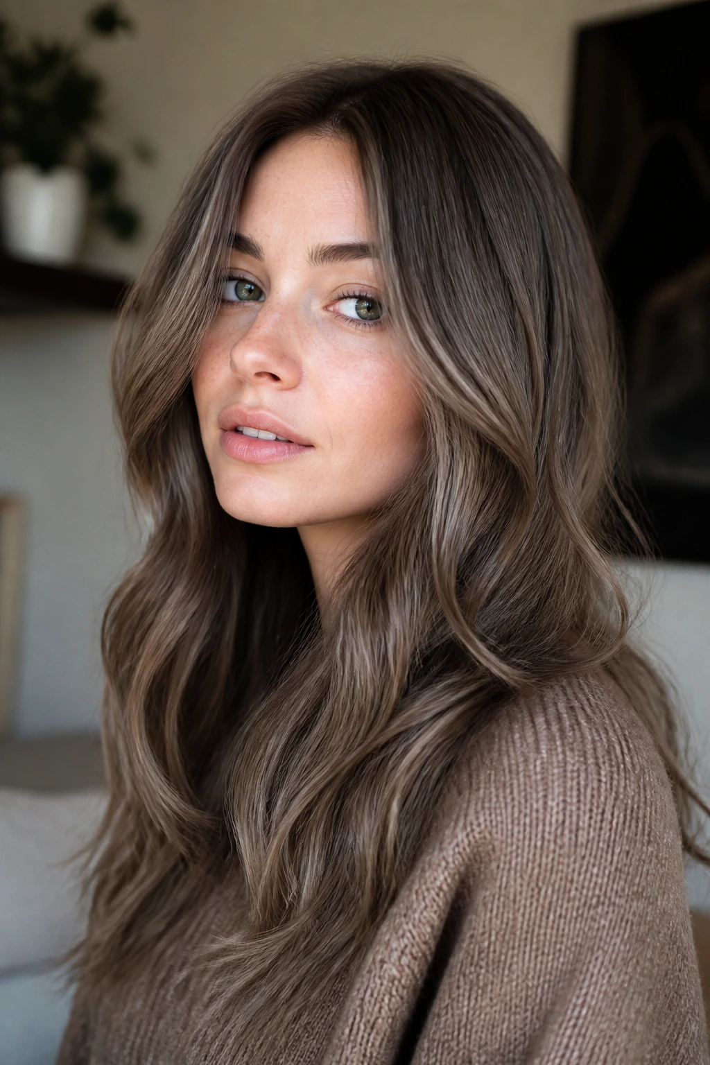 Portrait of a person with smoky beige brown hair under soft indoor lighting
