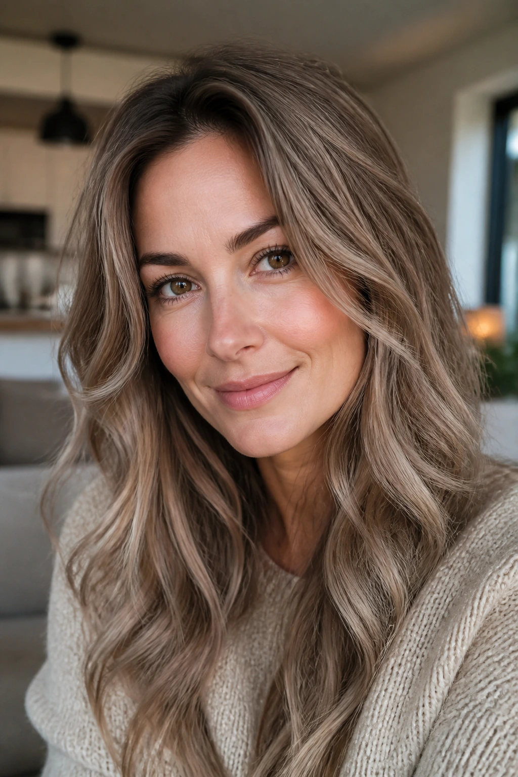 Close-up portrait of a real woman with smoky beige brunette hair in a lived-in finish