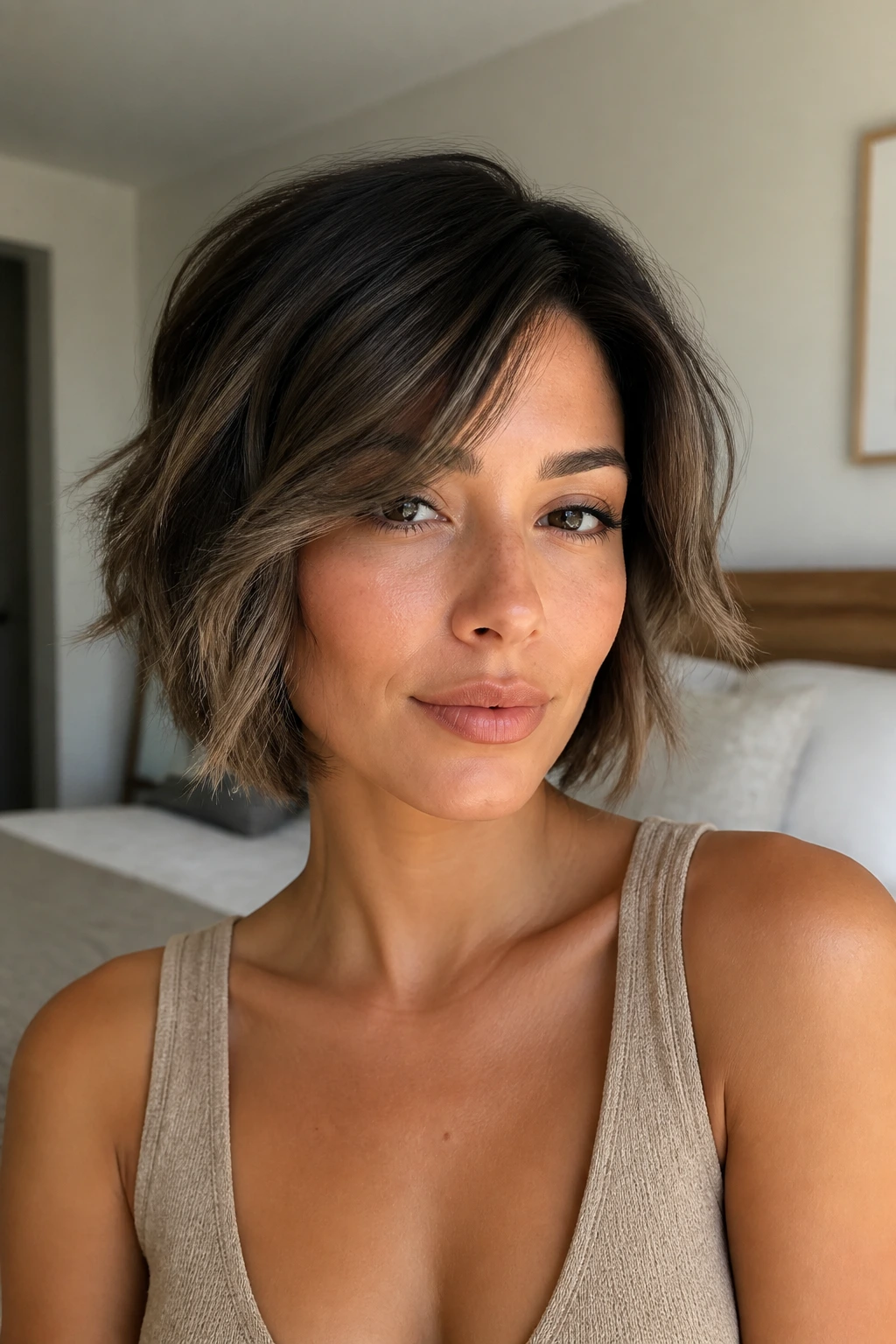Close-up portrait of a real woman with smoky beige brunette short hair in neutral light