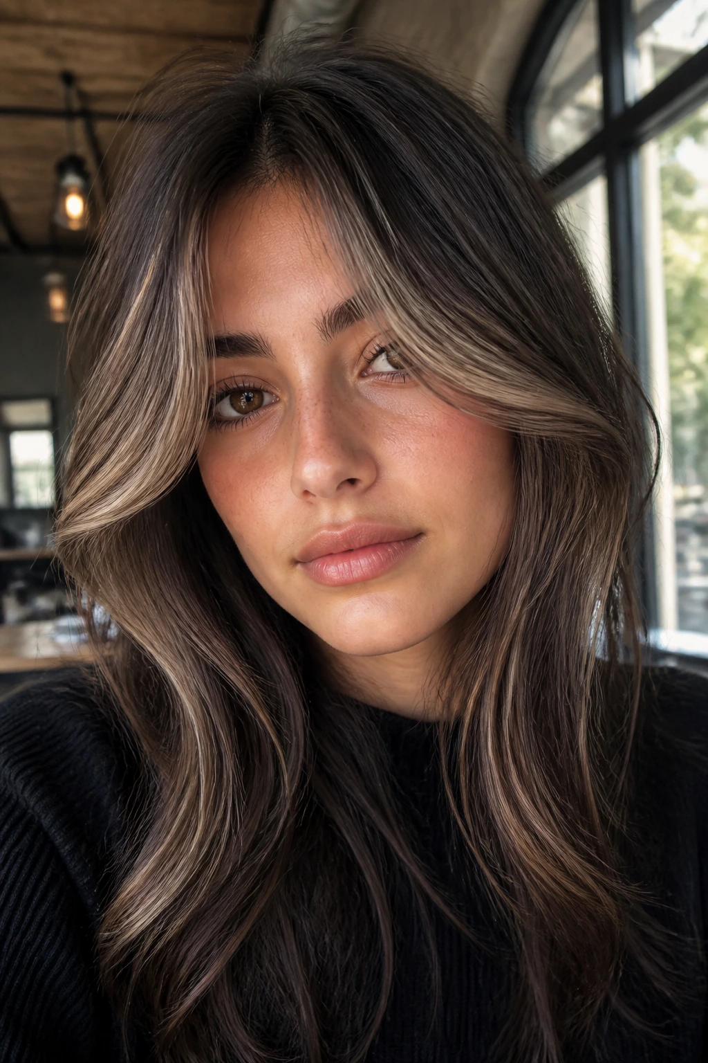 Portrait of a woman with smoky beige curtain bangs on dark brunette hair