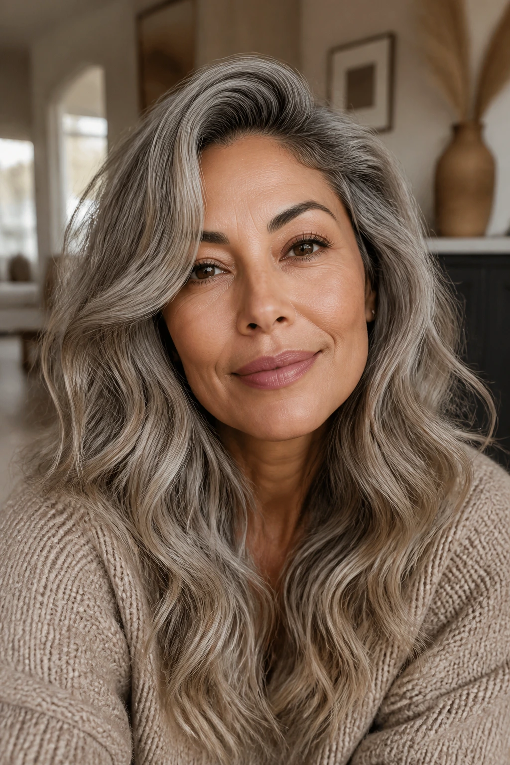 Close-up of a person with smoky beige gray hair in soft waves