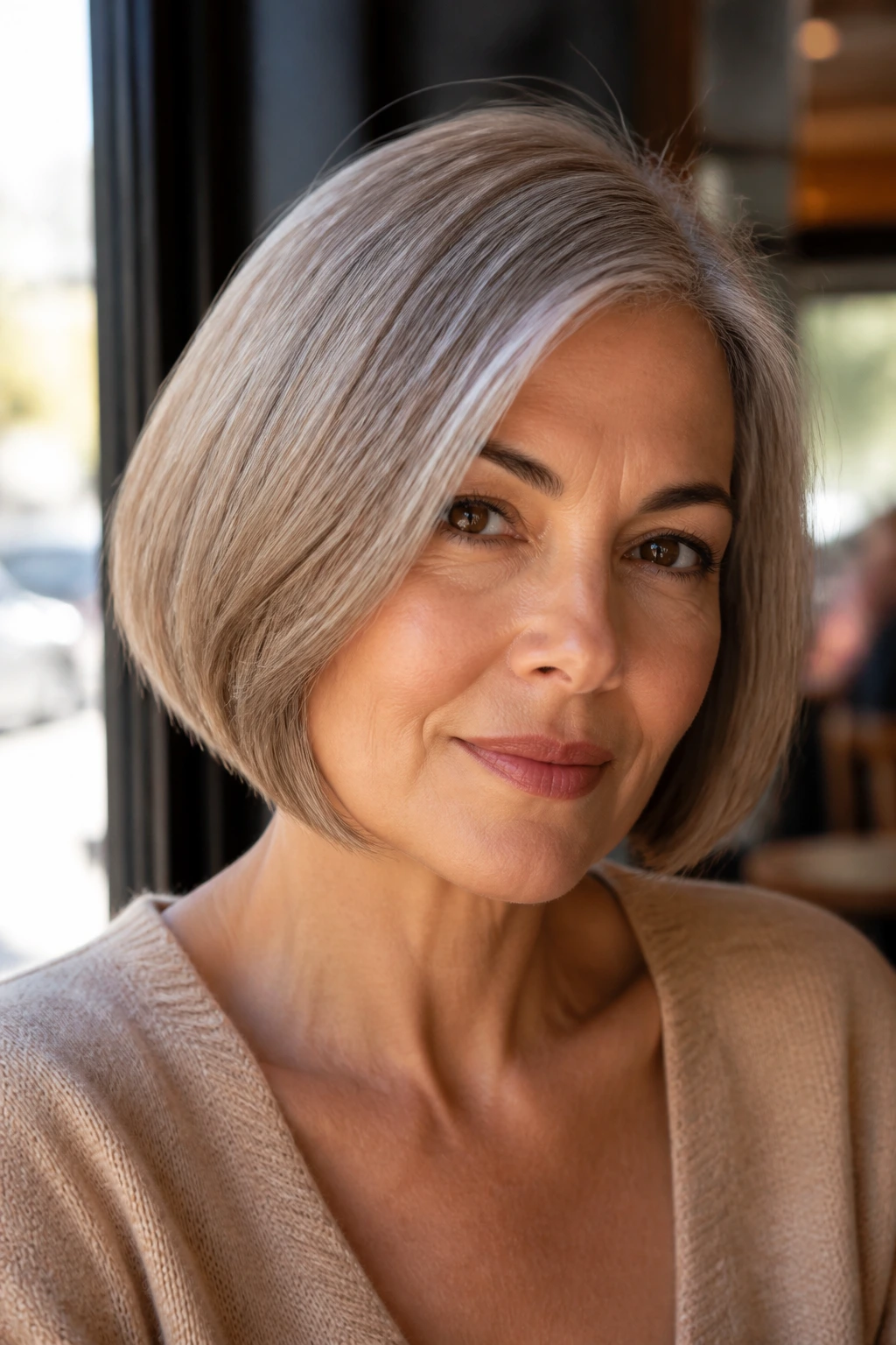 Portrait of a woman with smoky beige grey bob highlighting jawline and texture