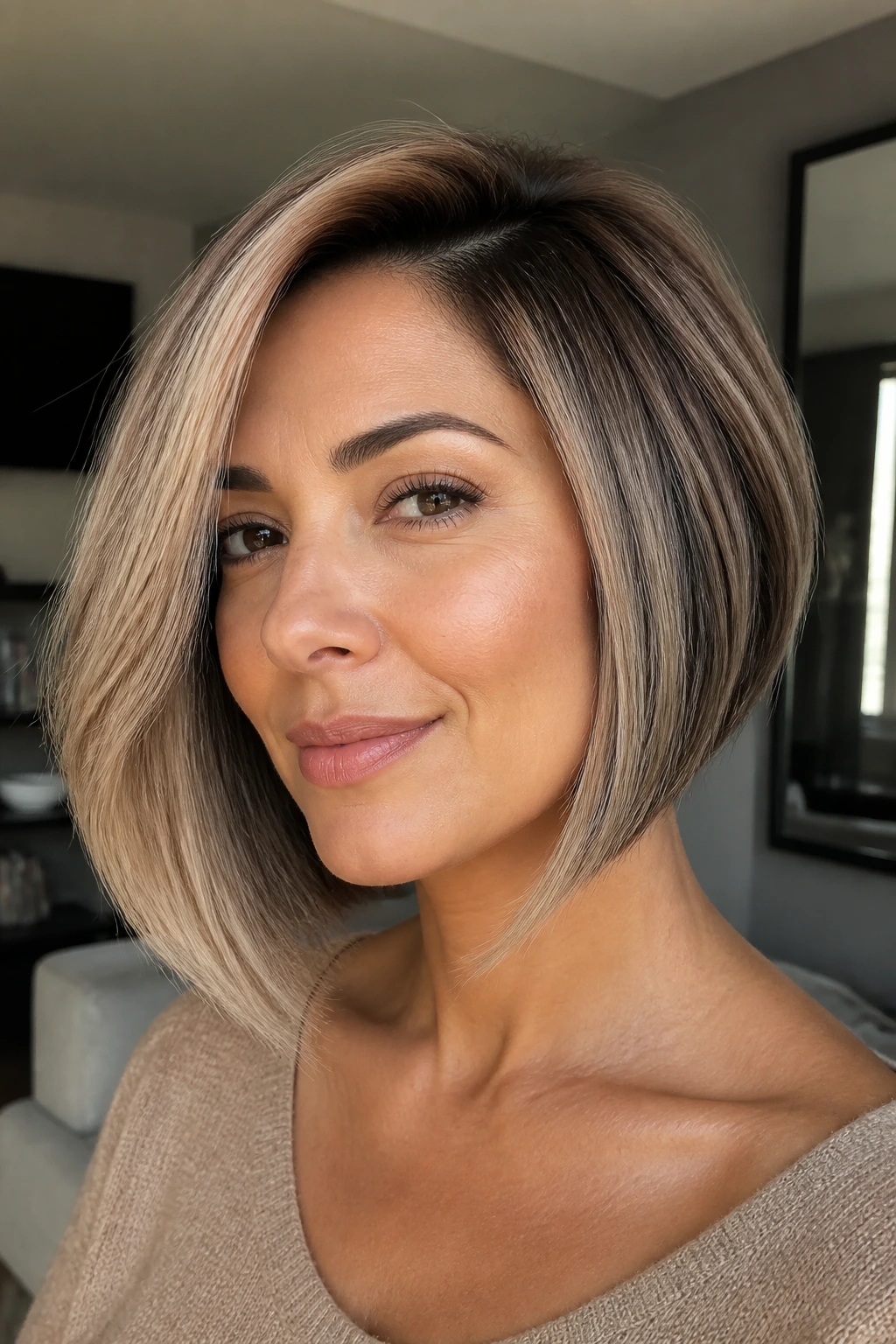 Portrait of a person with a smoky beige angled bob in an urban apartment.