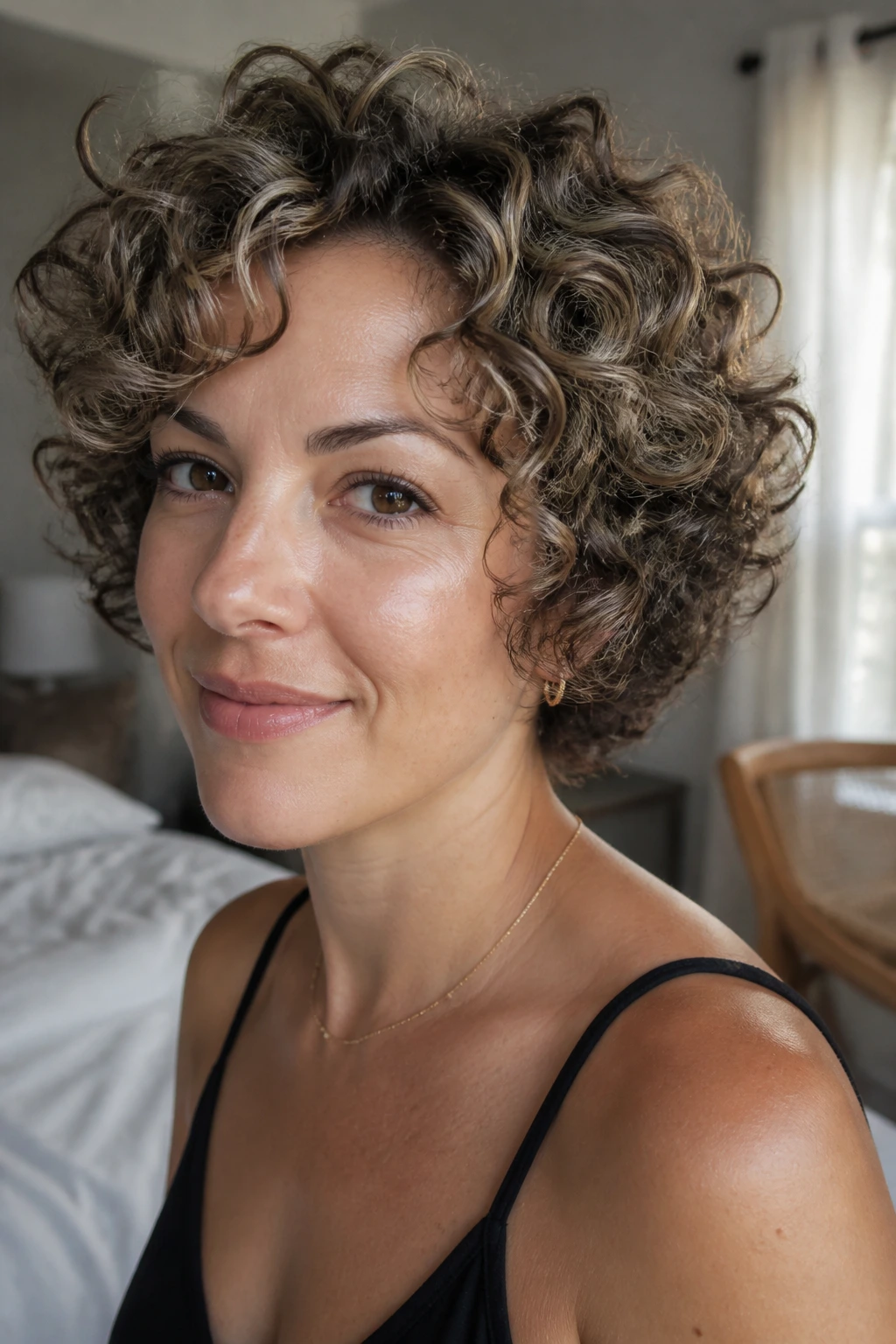 Close-up of a real woman's short curly hair with smoky beige highlights