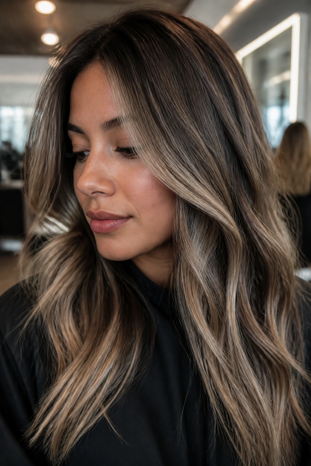 Close-up of hair with smoky beige lights and cool undertone
