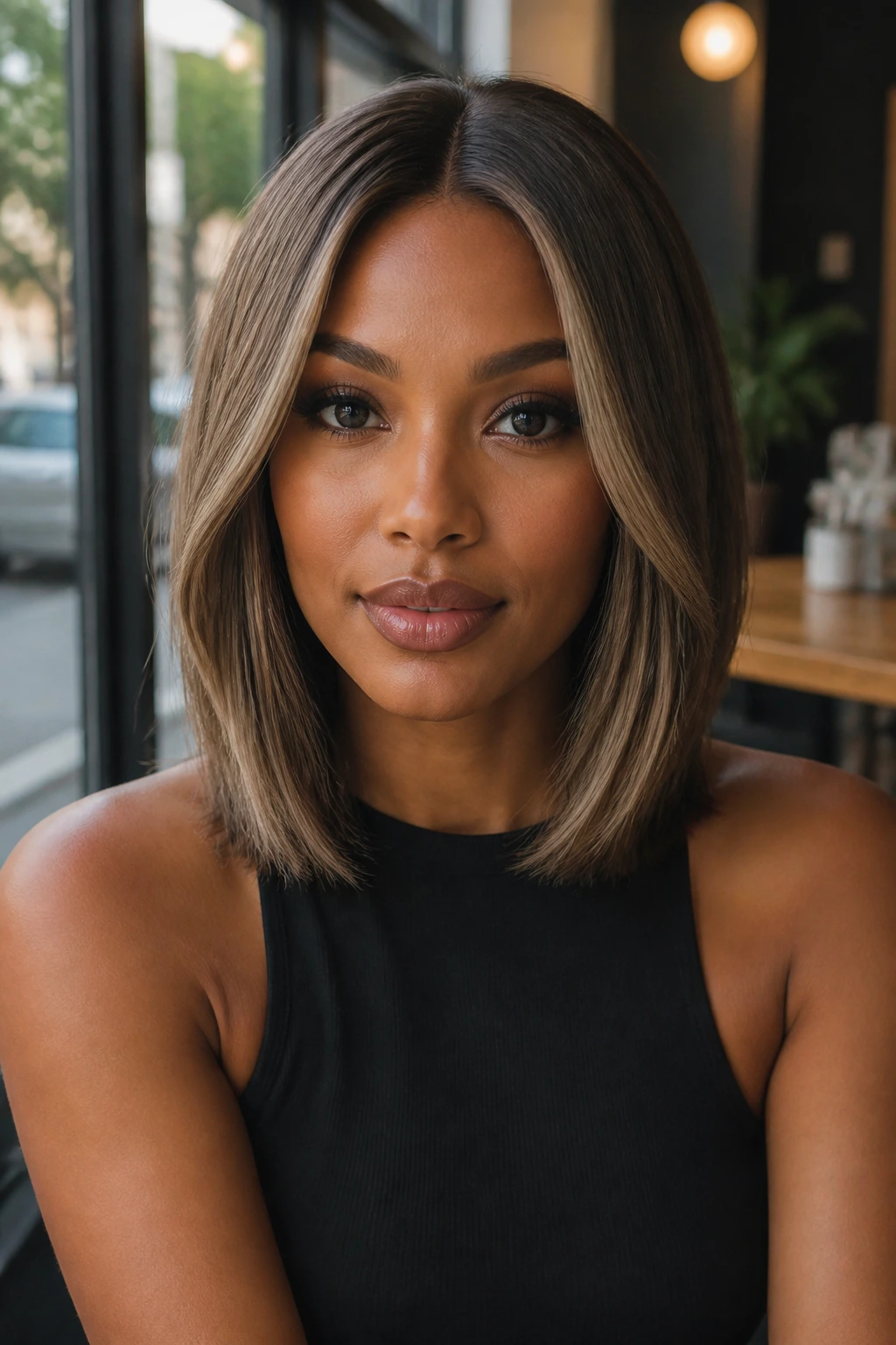 Close-up of deep skin with smoky beige lob and ribbon highlights around the face.