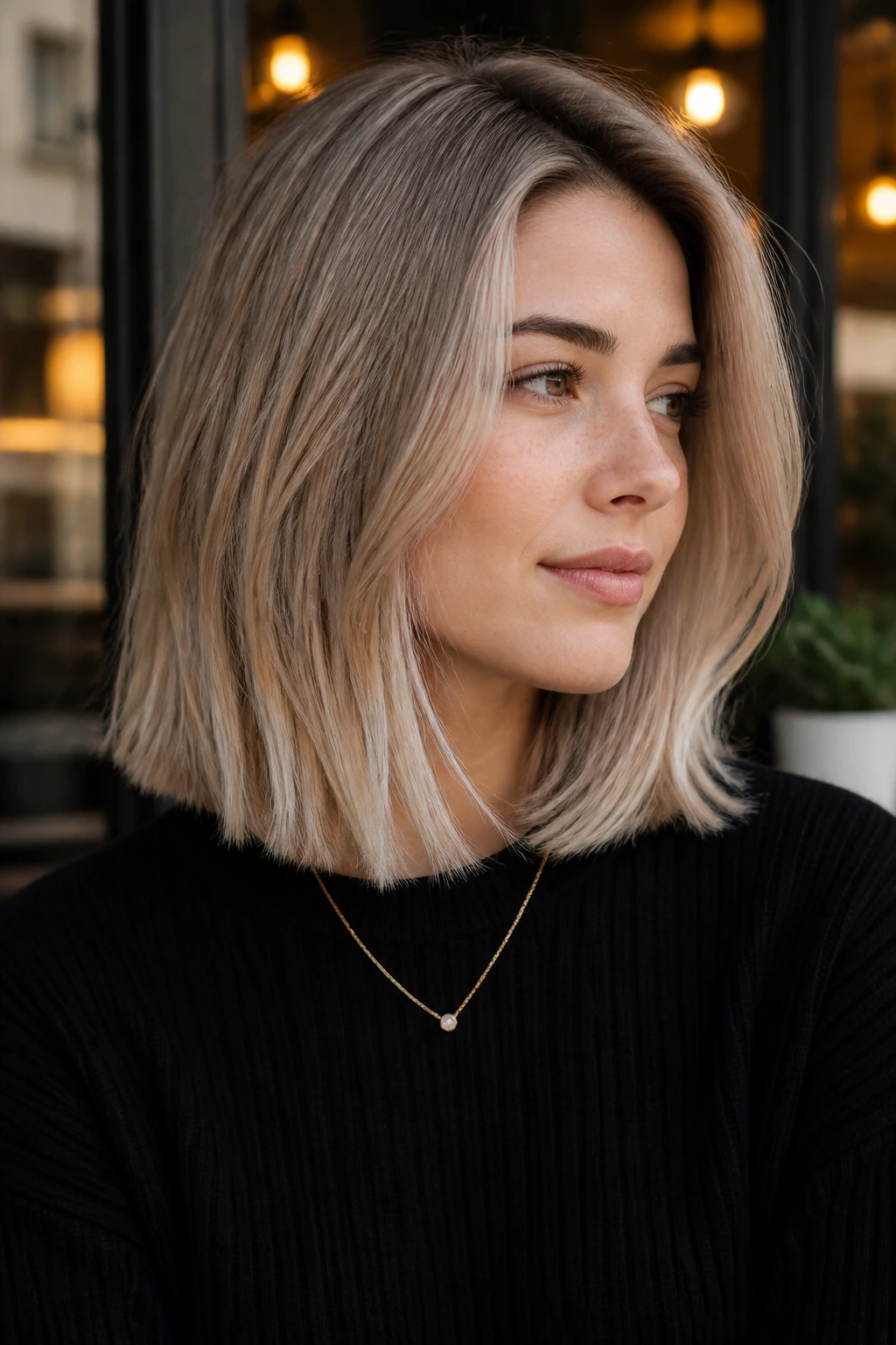 Portrait of a person with smoky beige lob in a warm setting
