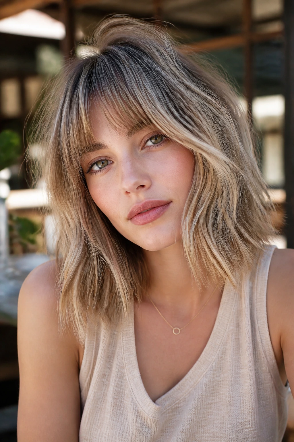Close-up portrait of a real woman with smoky beige lob and tousled fringe in outdoor cafe light