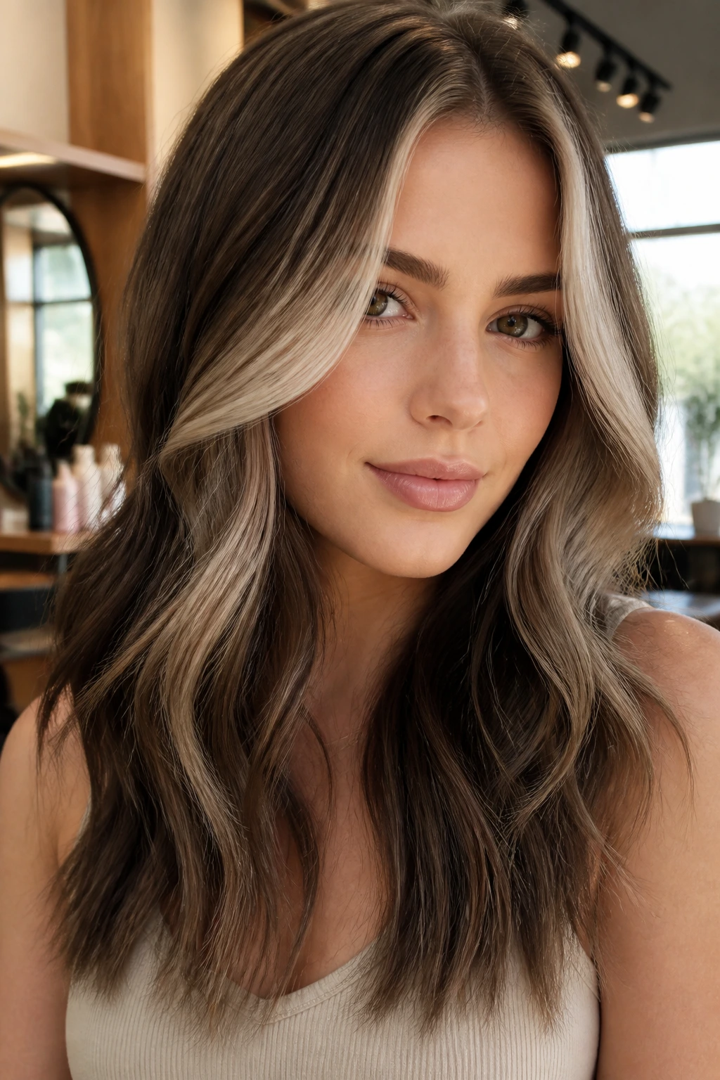 Close-up of a real person with a smoky beige money piece and dimensional ends