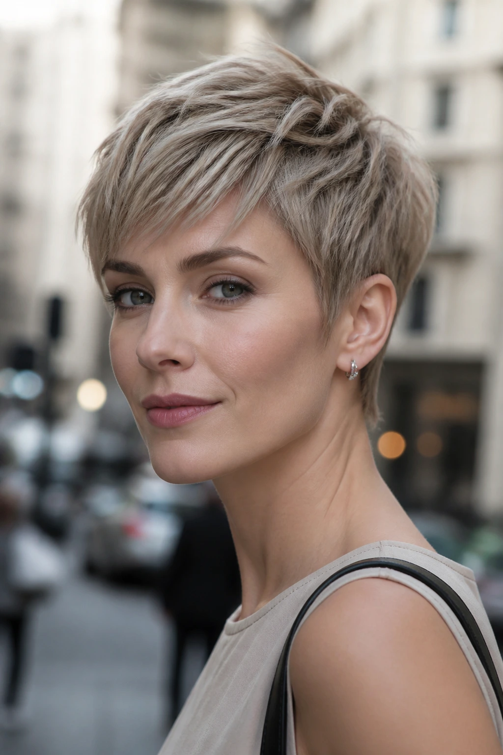 Real person with smoky beige pixie haircut on an urban street backdrop.