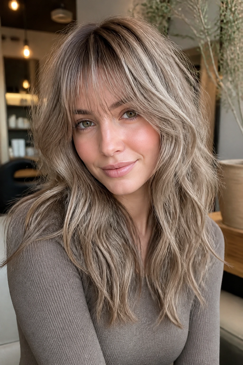 Real woman with smoky beige shag and textured bangs under soft lighting