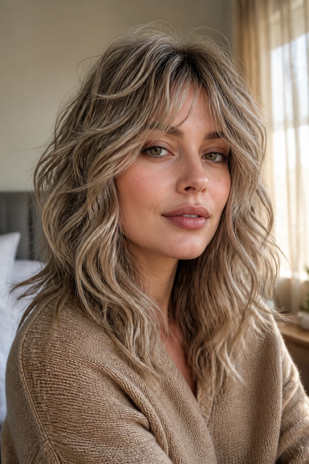 Close-up portrait of a woman with smoky beige shag hairstyle, crown lift and soft waves.