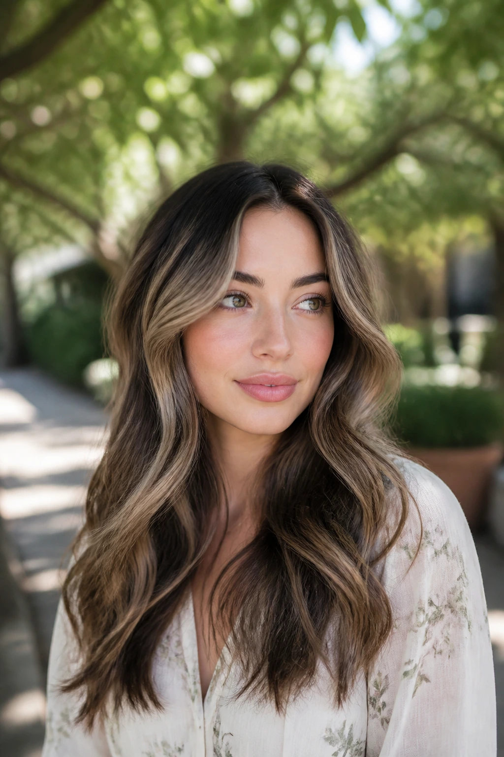 Close-up of a woman with smoky beige teasylights in soft outdoor light