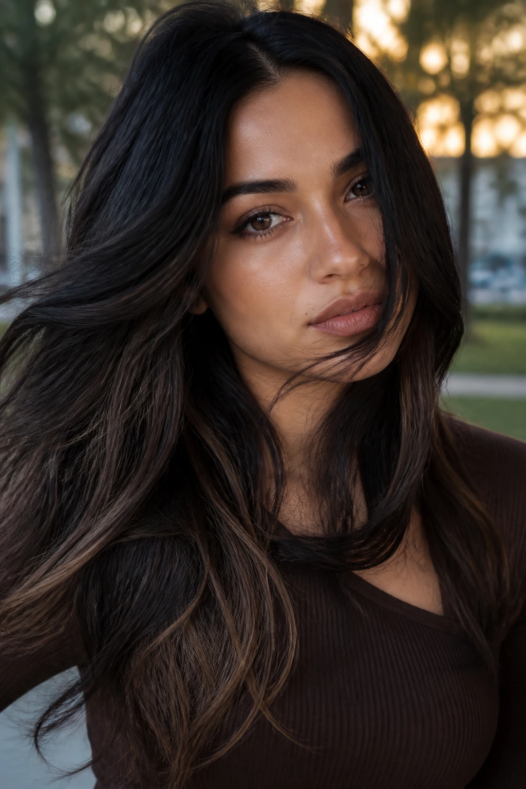Close-up portrait of a real person with smoky black hair and ash brown underlayers on olive skin