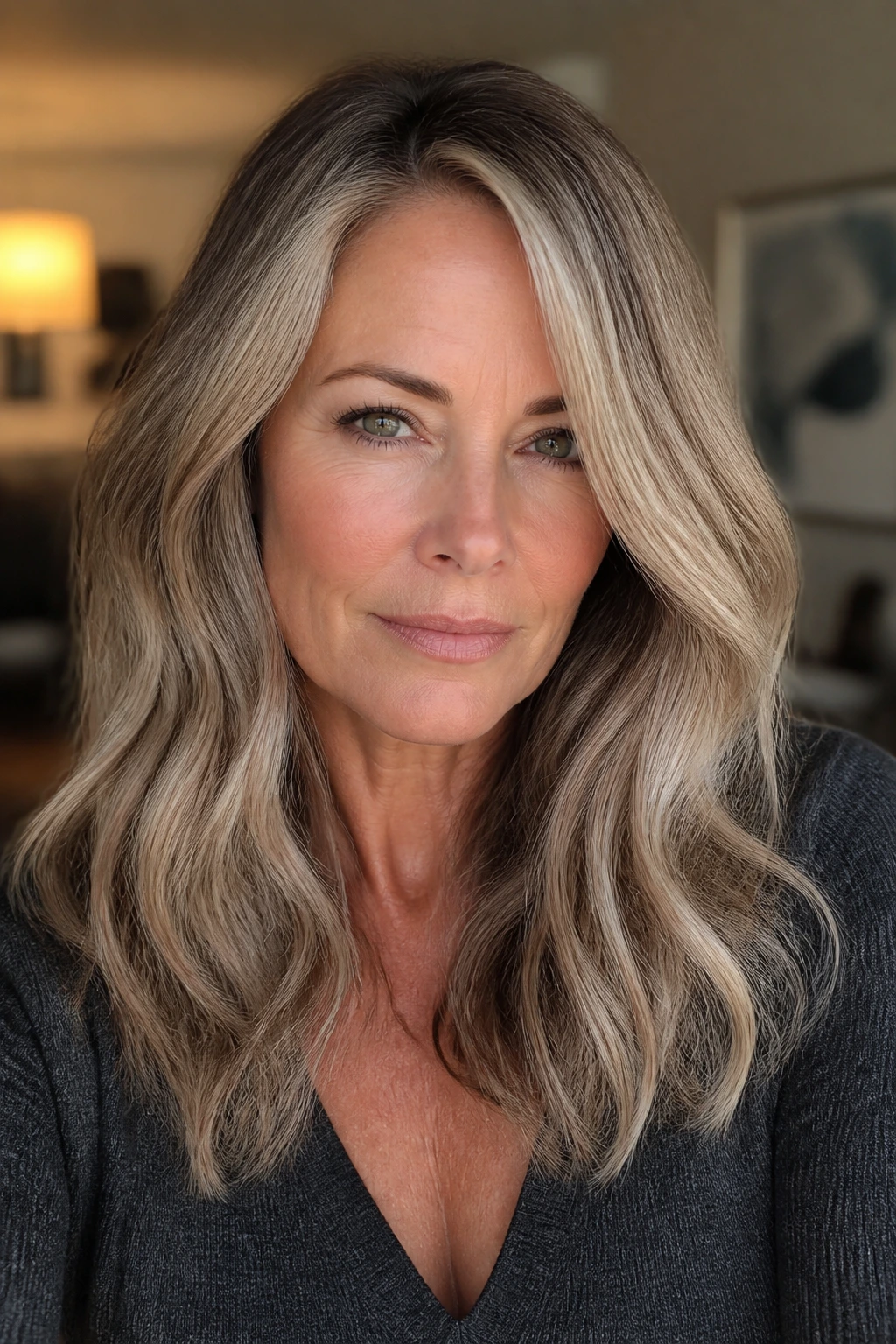 Close-up portrait of a real woman with smoky blonde balayage in softly lit setting.