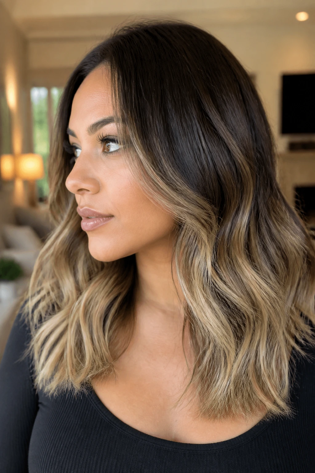 Close-up of a real woman with smoky blonde ends and layered hair in warm indoor light