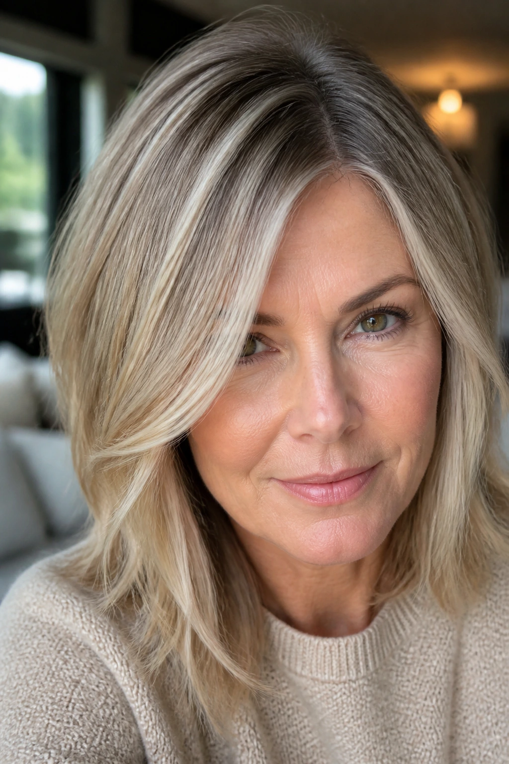 Close-up of a real woman with smoky blonde hair and cool shadow roots.