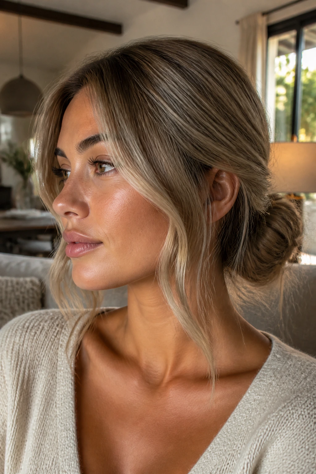 Real woman with smoky blonde low bun and soft tendrils.