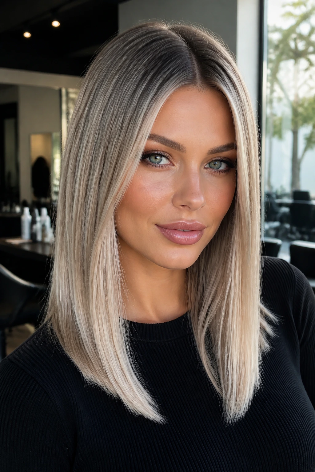 Portrait of a woman with smoky ash-blonde straight-length hair and middle part