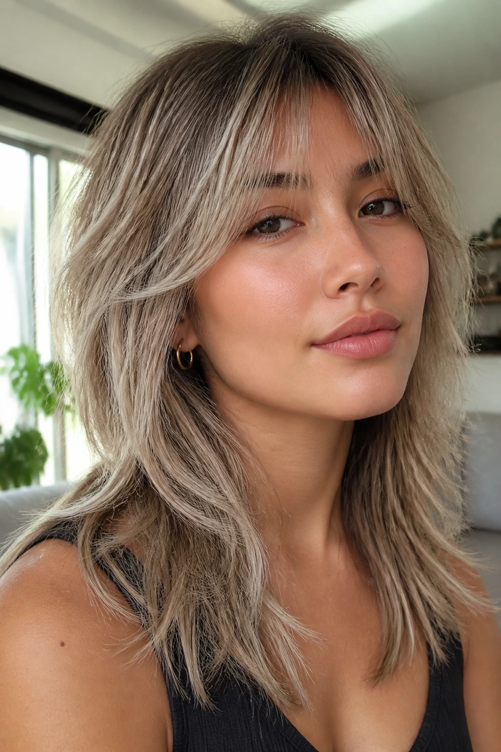 Portrait of a woman with olive skin wearing smoky blonde wolf cut with airy fringe