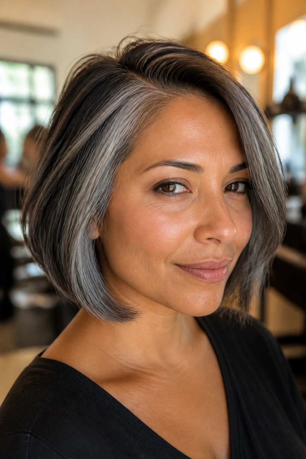Close-up of a real woman with a jaw-length smoky bob and side part on tan skin in warm window light.