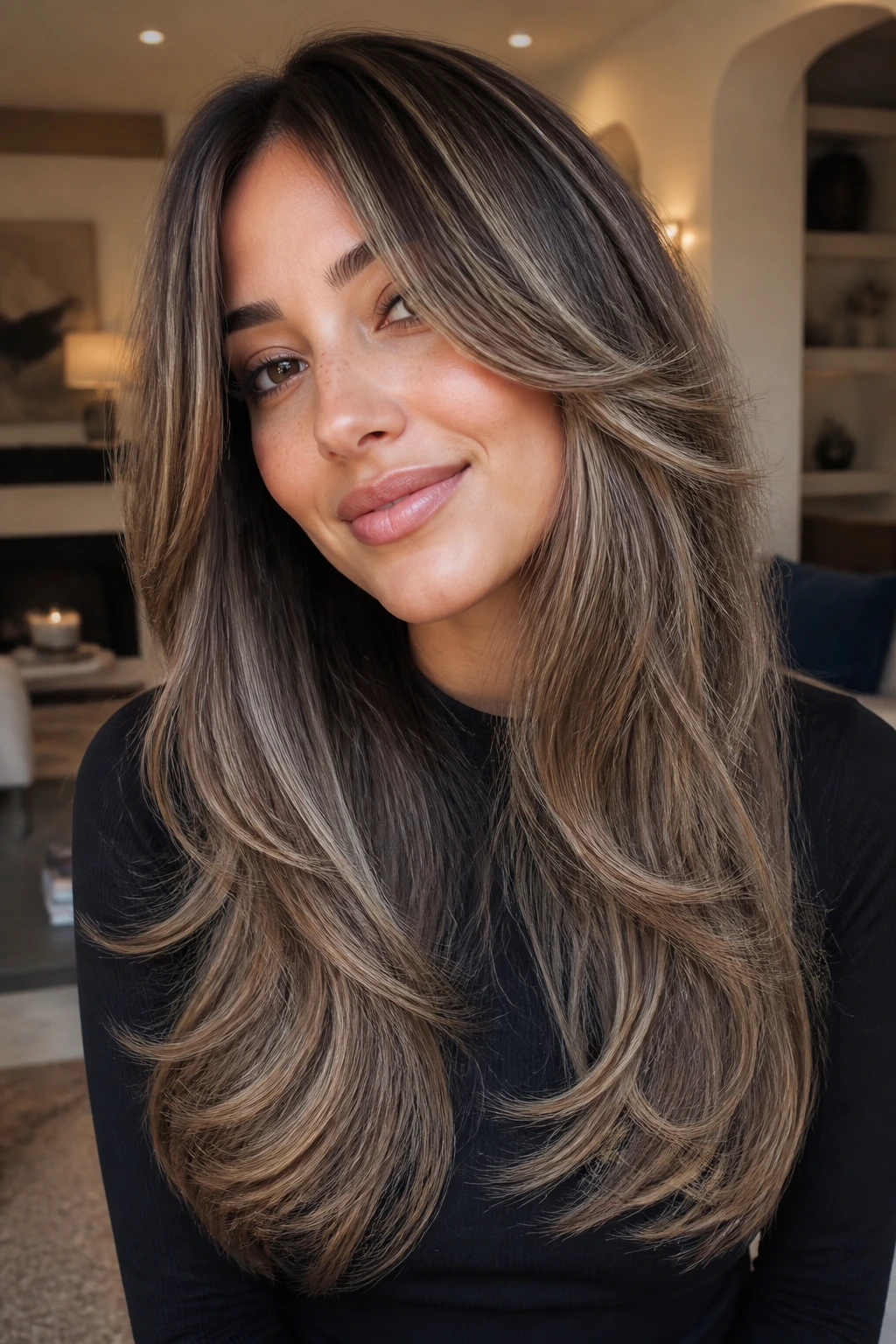 Portrait of a real woman with smoky bronde butterfly layers and face-framing movement.