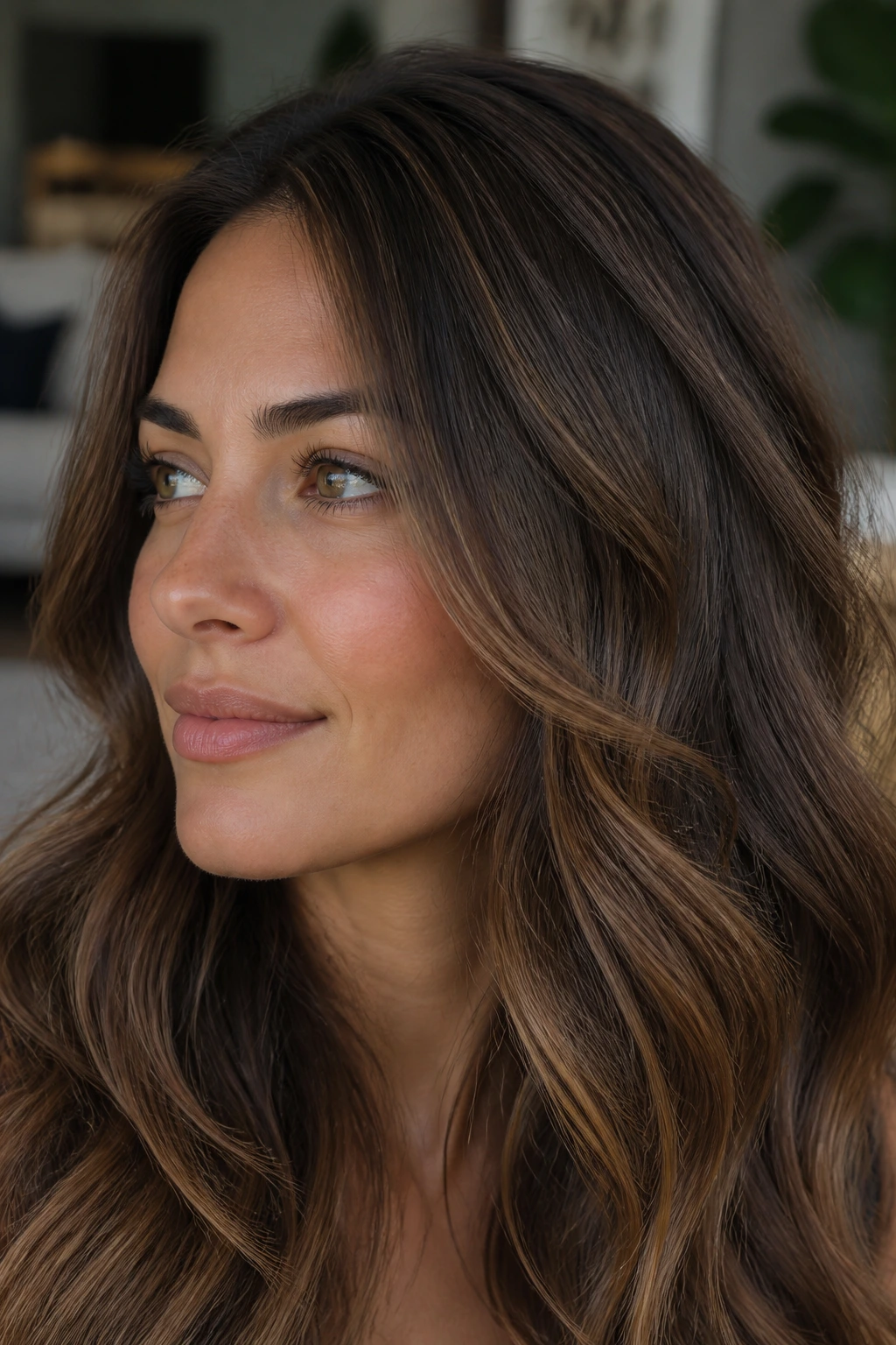 Close-up portrait of a real woman with smoky bronde and caramel lifts in natural window light