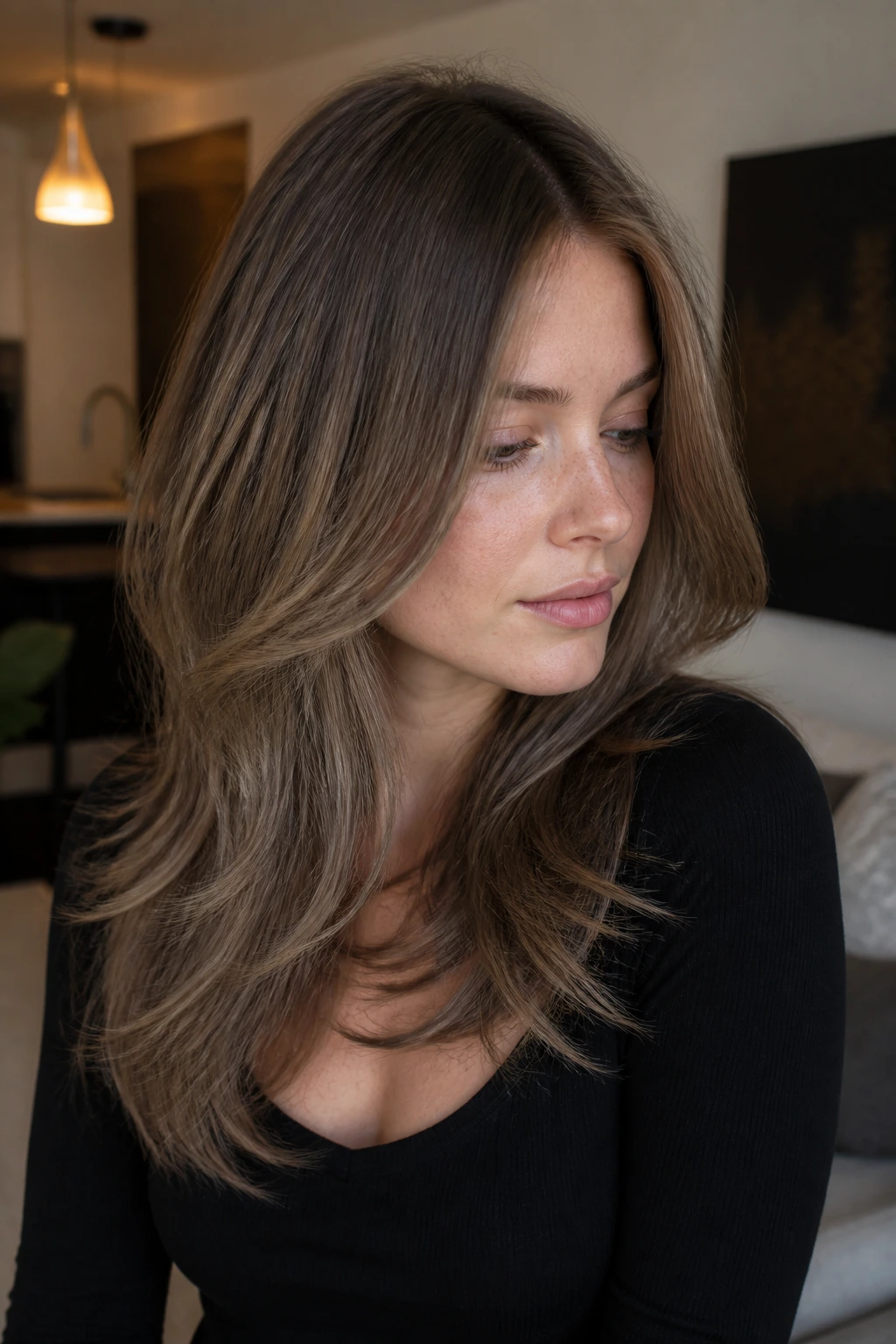 Close-up of a real woman with smoky bronde layered hair in warm indoor light.