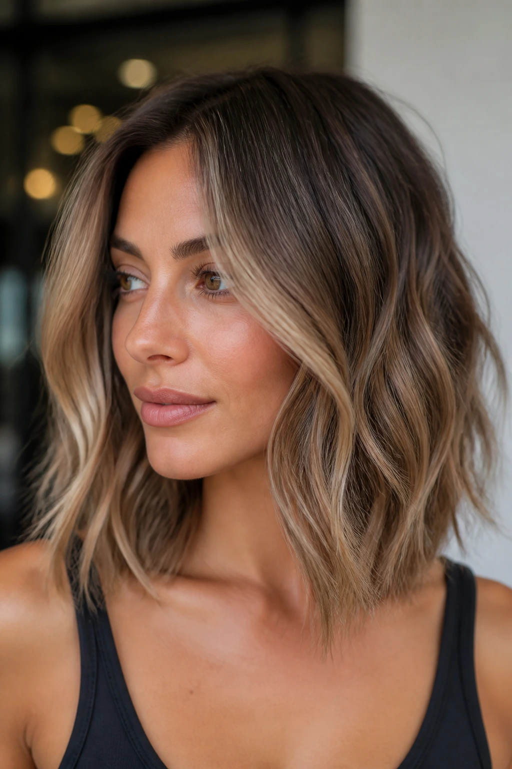 Portrait of a person with smoky bronde lob hair.