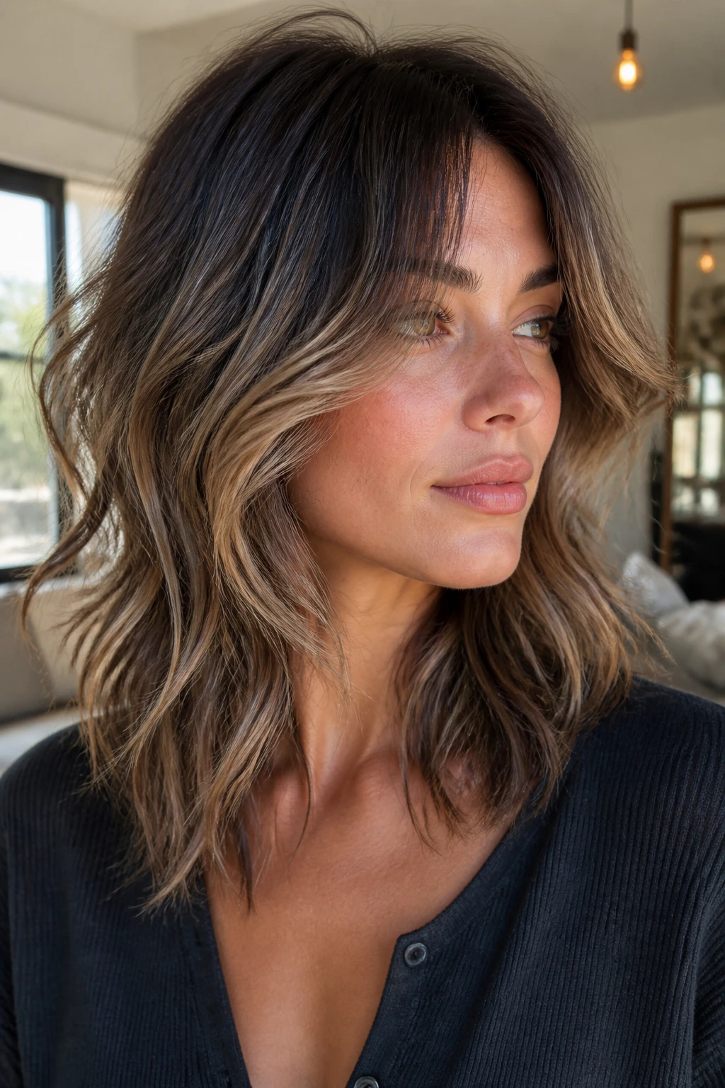 Close-up portrait of a real woman with smoky bronde shag showing root depth and movement.
