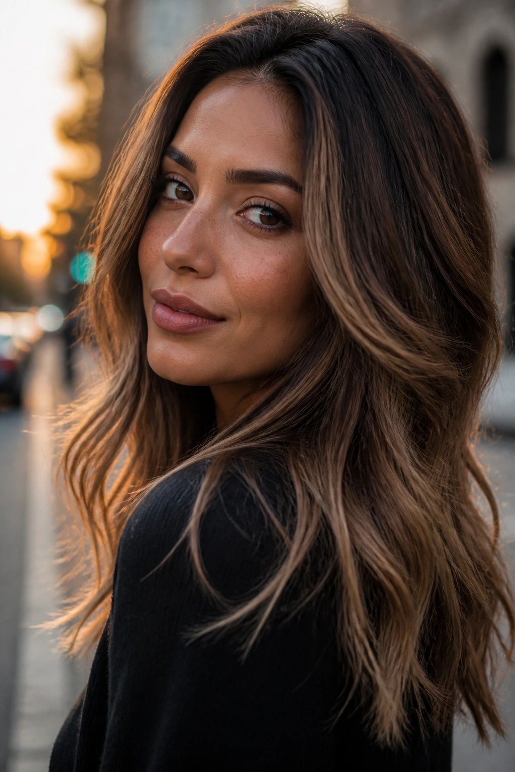Portrait of a woman with smoky bronde hair and textured ends in golden hour light.
