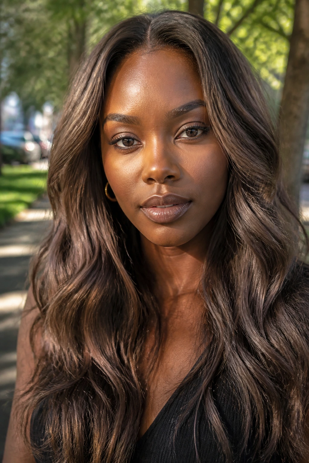 Portrait of a person with smoky bronze brown hair in sunlight
