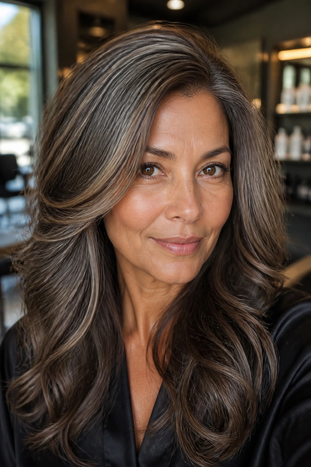 Close-up portrait of a real person with Smoky Bronze Gloss hair