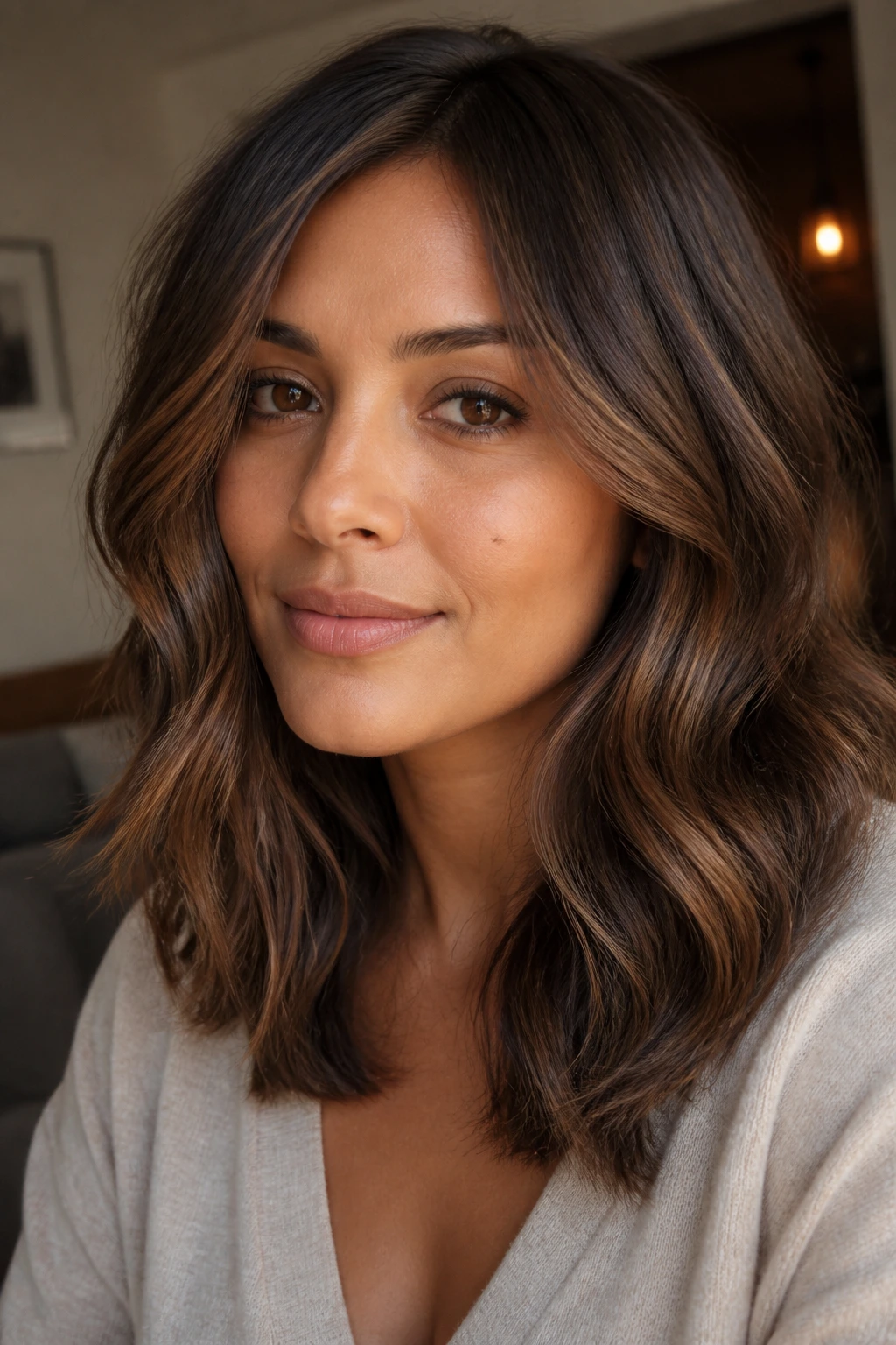 Portrait of a woman with smoky bronze hair highlighting warm tones