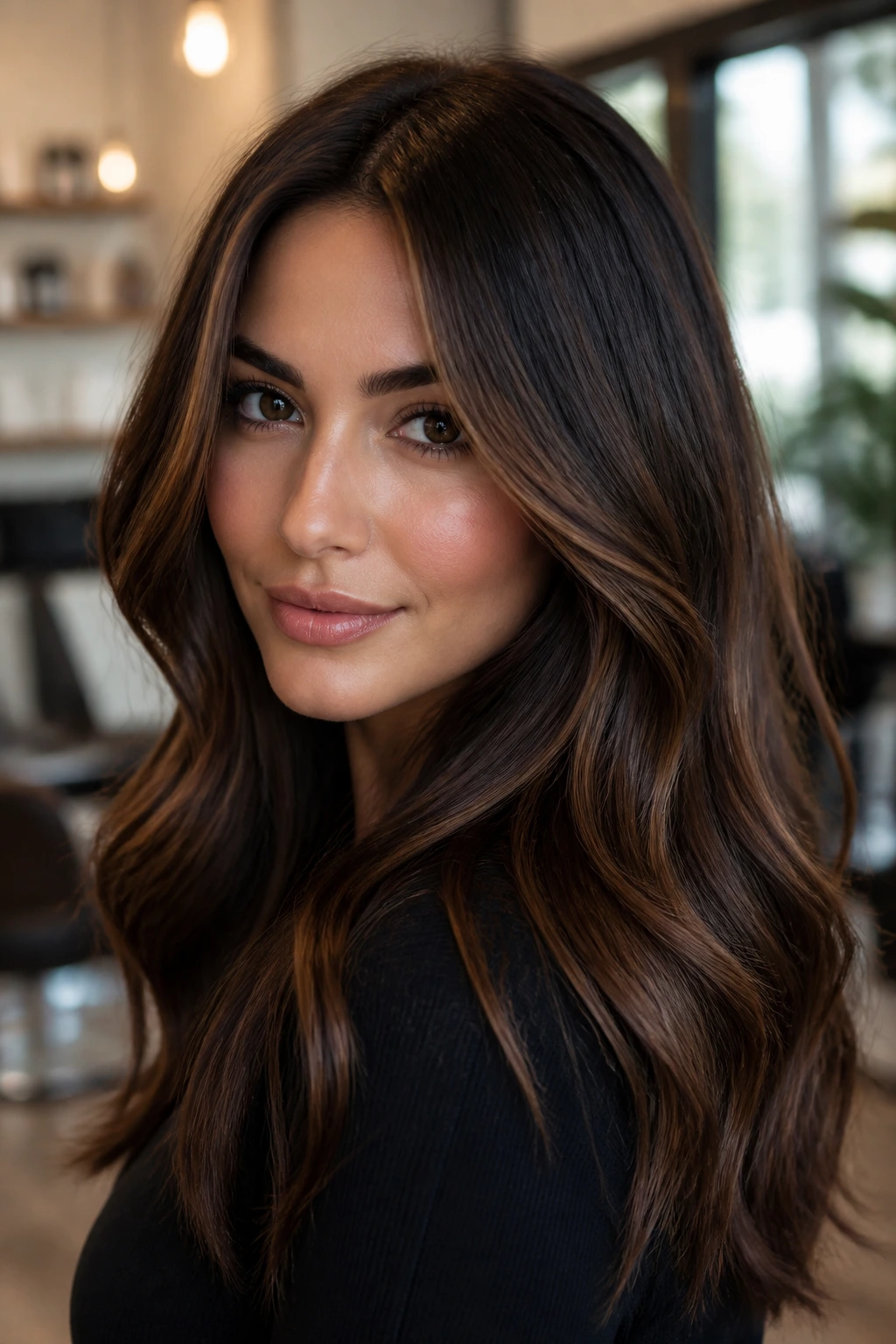 Close-up portrait of brunette with smoky bronze melt highlights around the face