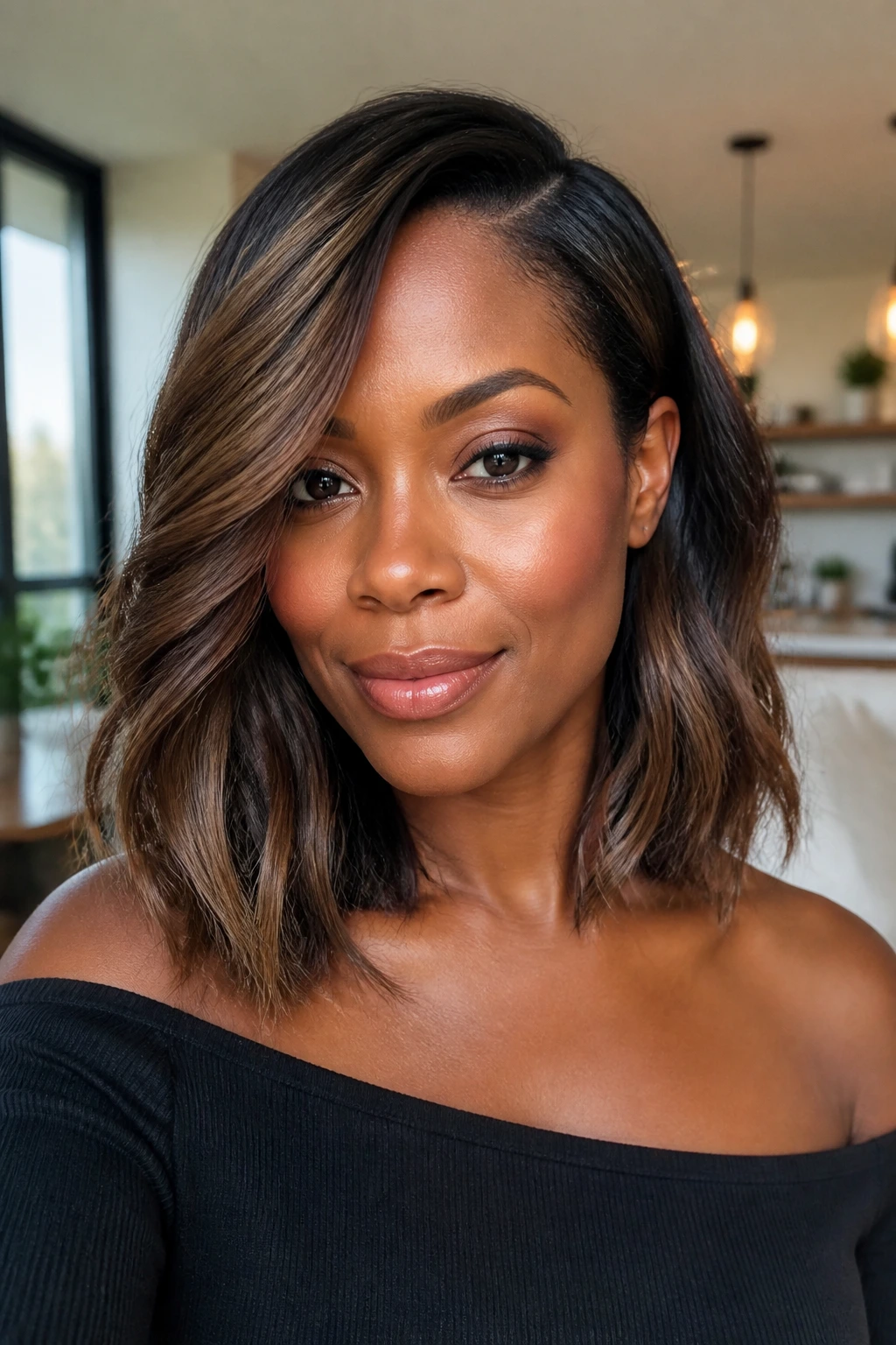 Portrait of a woman with a side-parted smoky bronze hairstyle