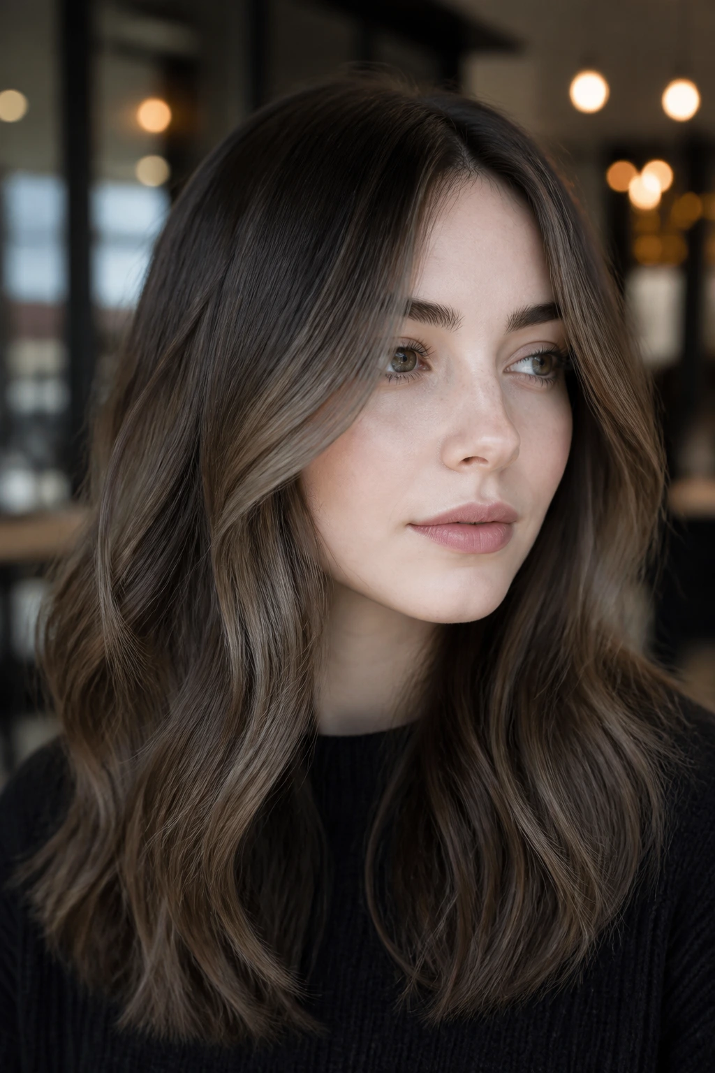 Close-up portrait of smoky brown face-framing balayage framing the face on pale skin.