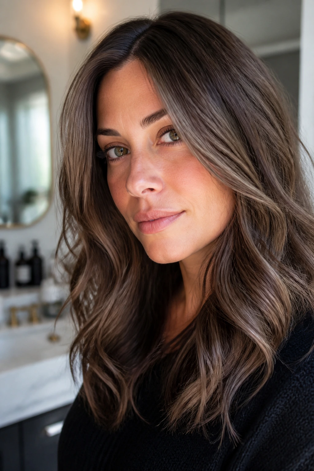 Close-up of a real woman with smoky brown-gray hair in natural window light.