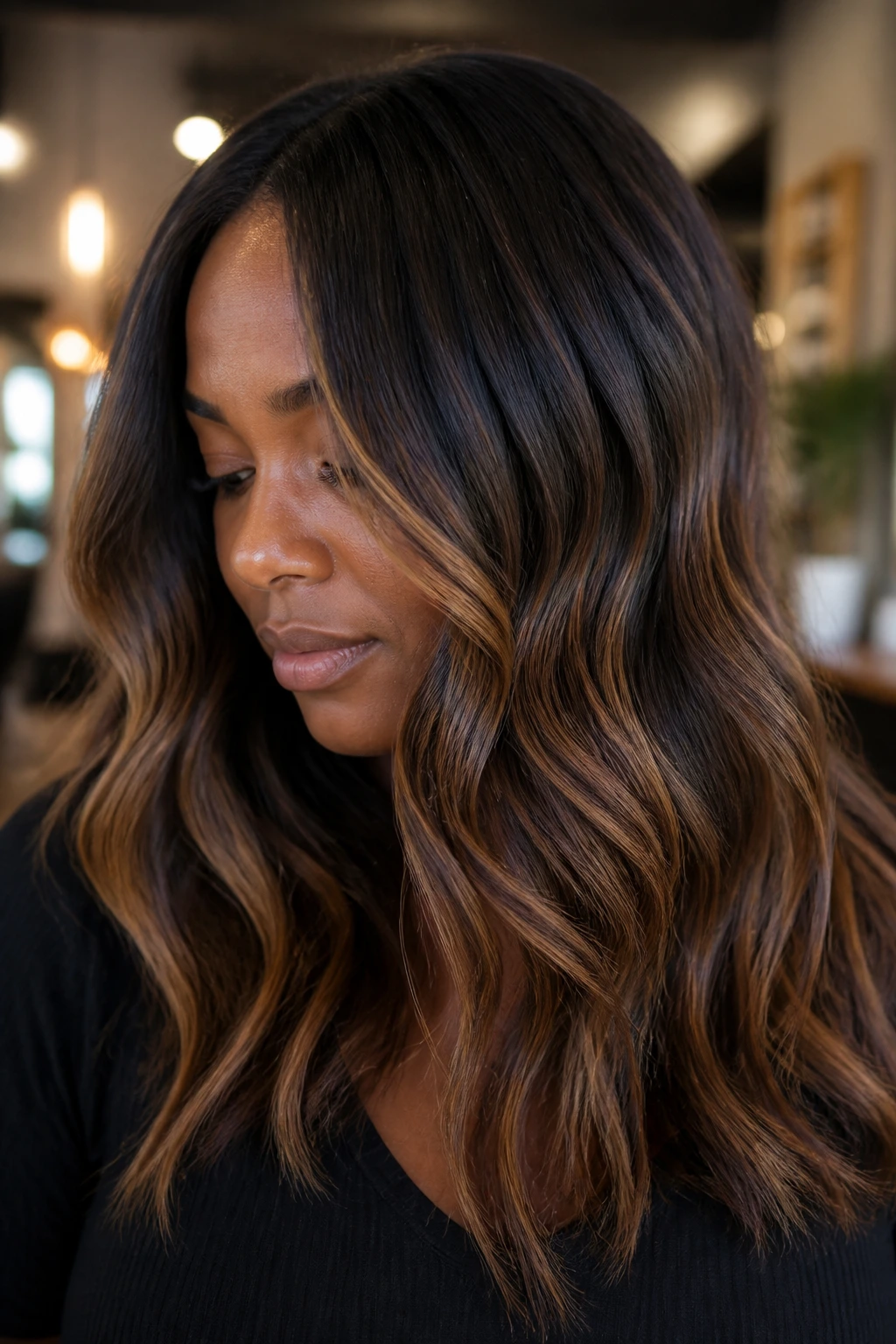 Portrait of a person with smoky caramel highlights around the face