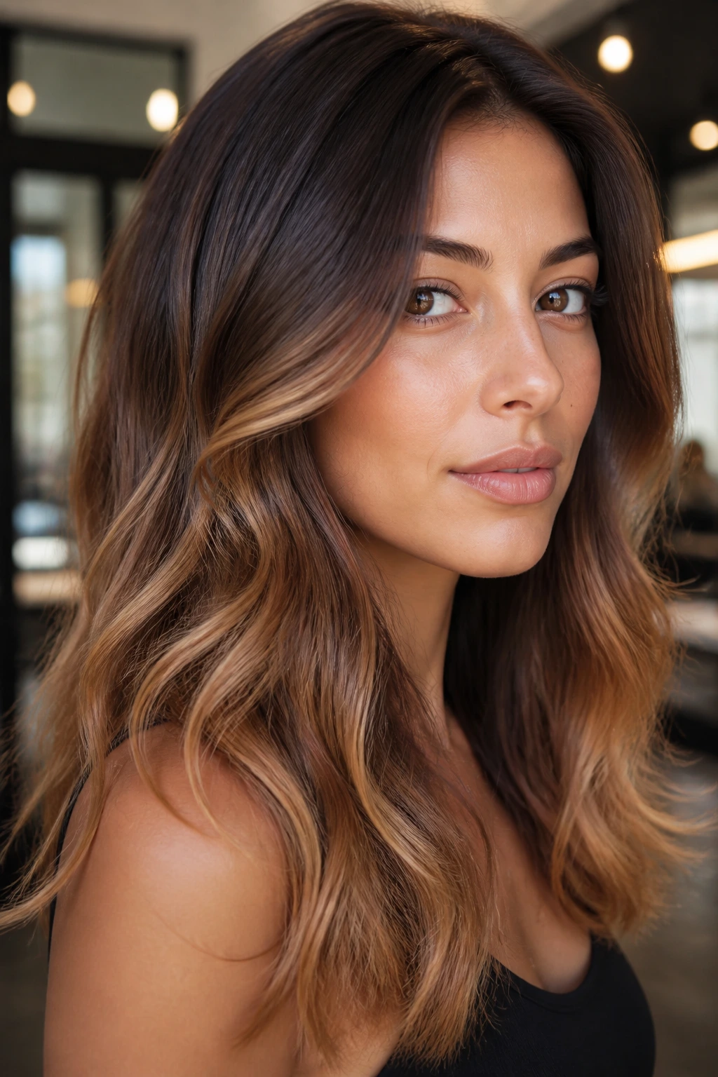 Close-up of a real woman with smoky brown base and honey caramel ends on olive skin
