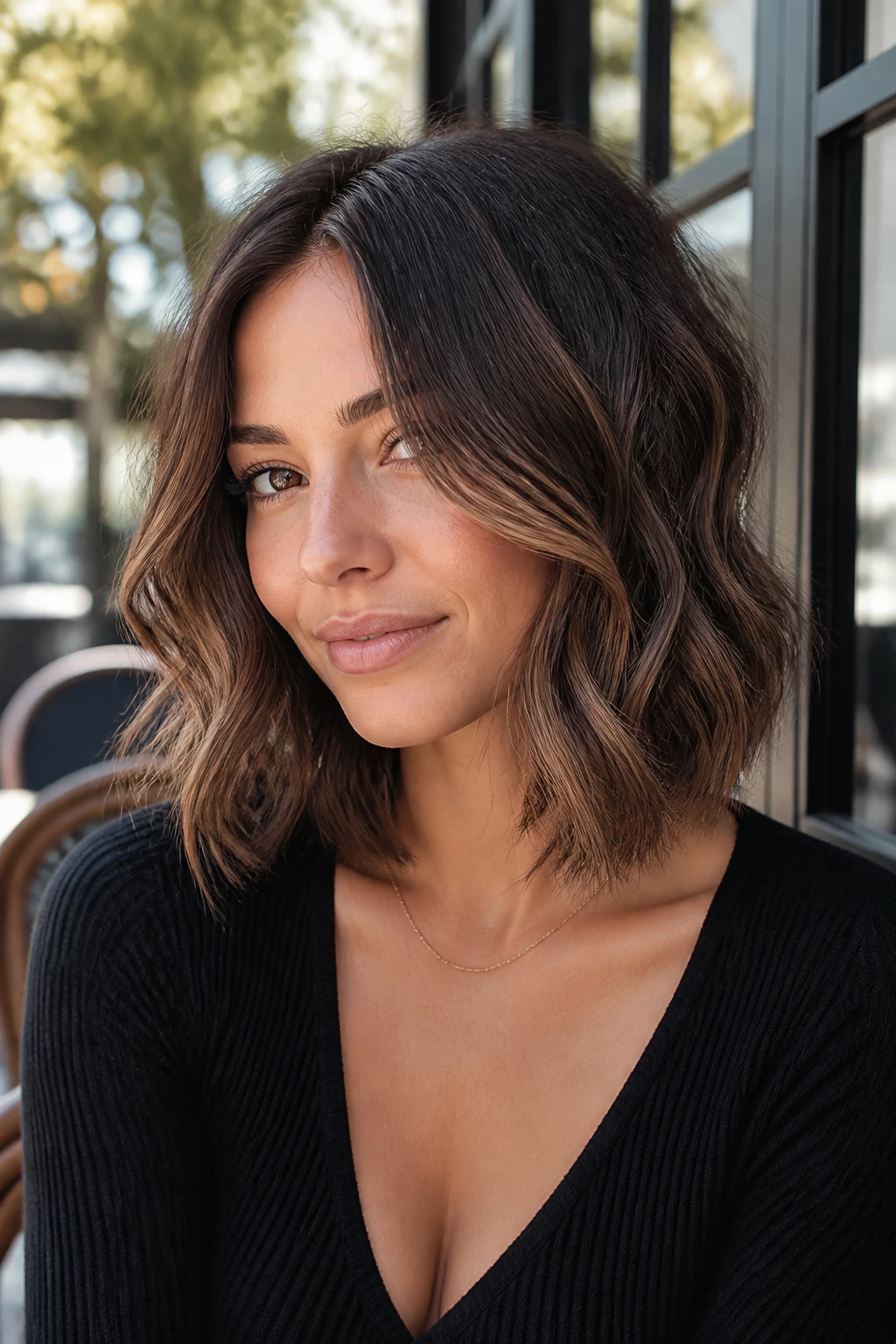 Portrait of a real person with smoky brown sugar highlights on a wavy lob