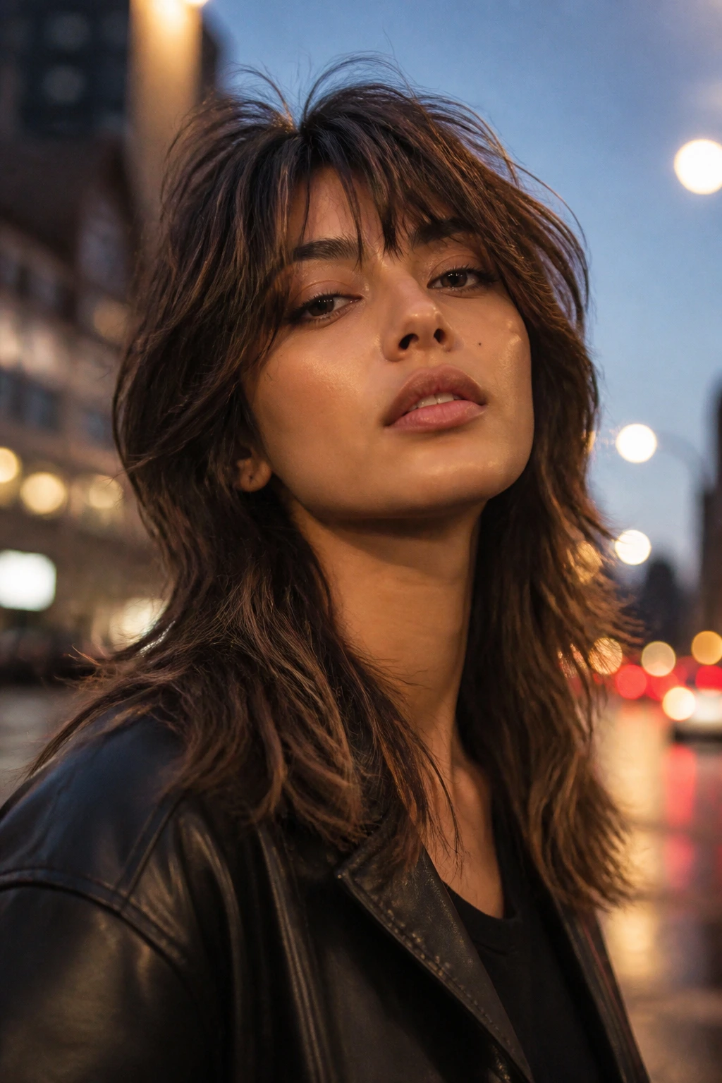 Close-up of a real woman with smoky brown wolf cut and face-framing pieces.