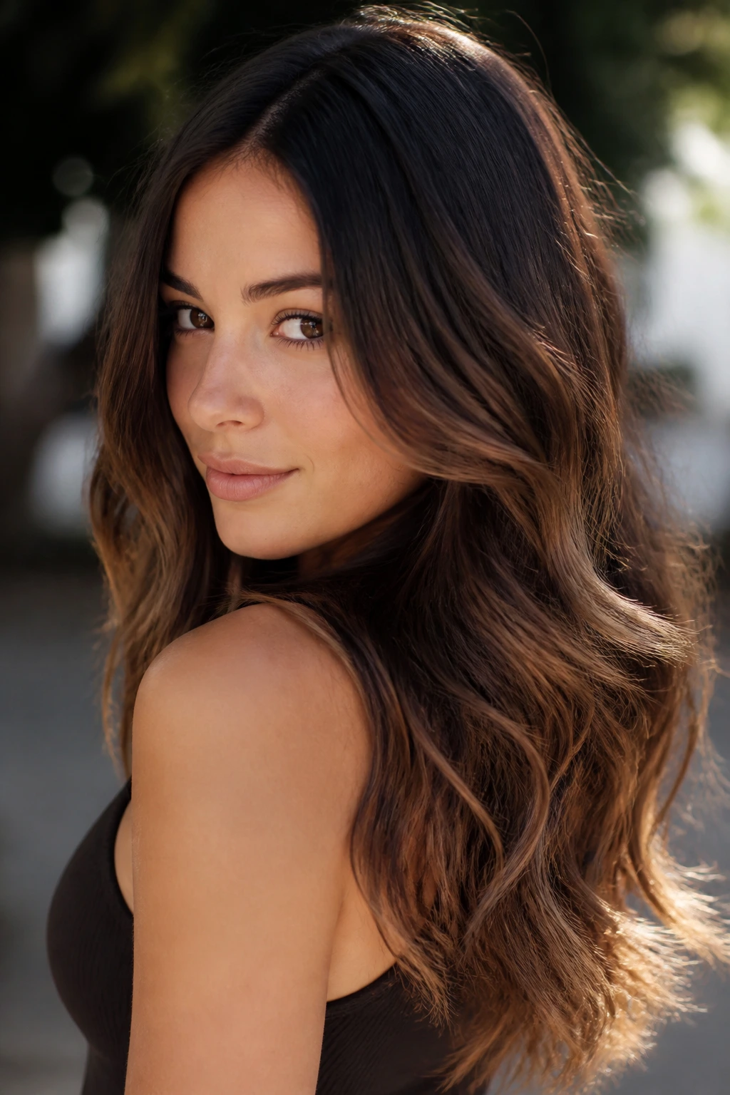 Close-up of a real woman with smoky brunette hair and amber ribbons in natural light